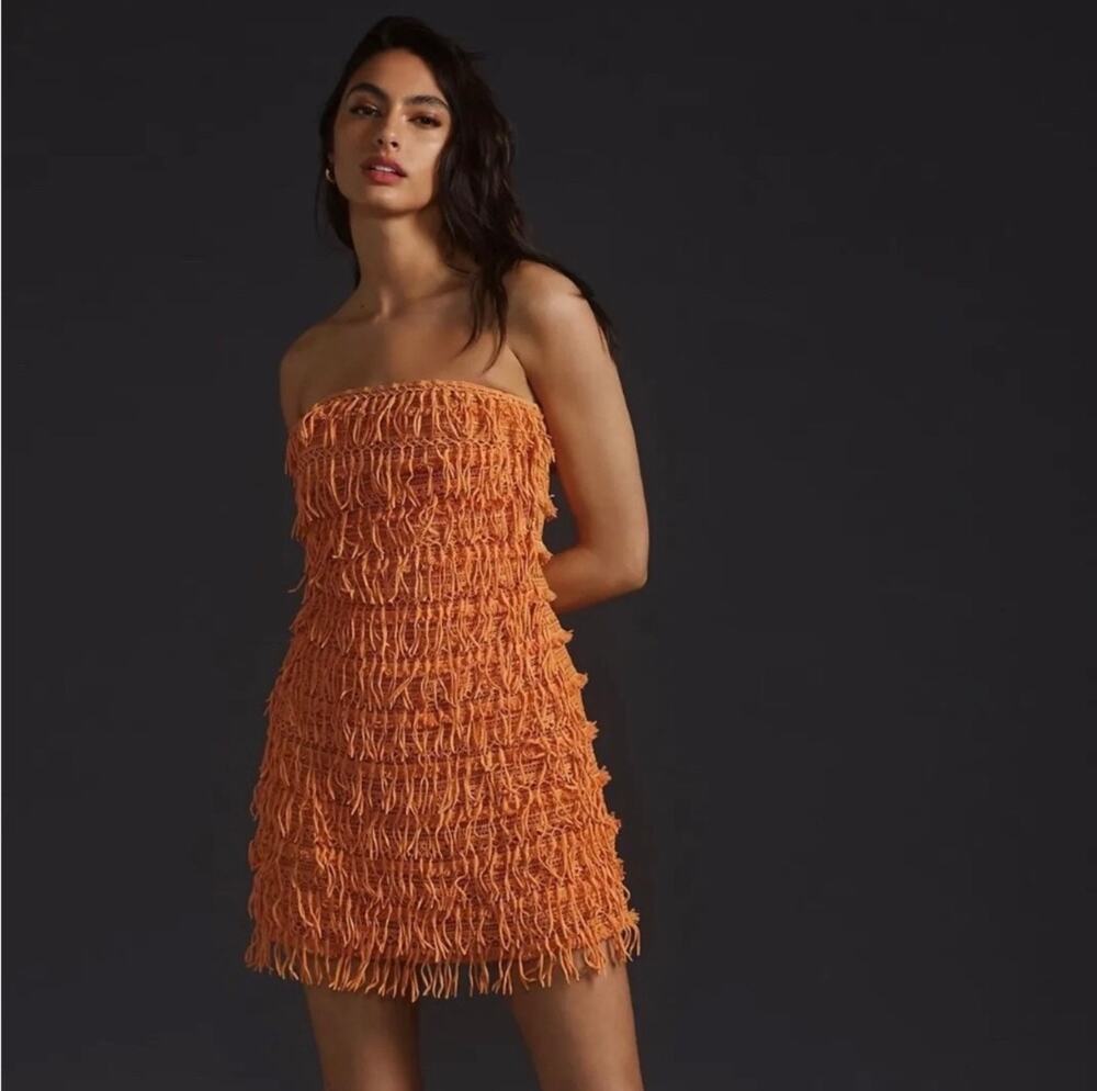 NWT Anthropologie Let Me Be Orange Fringe Mini Dress XS Strapless Boho